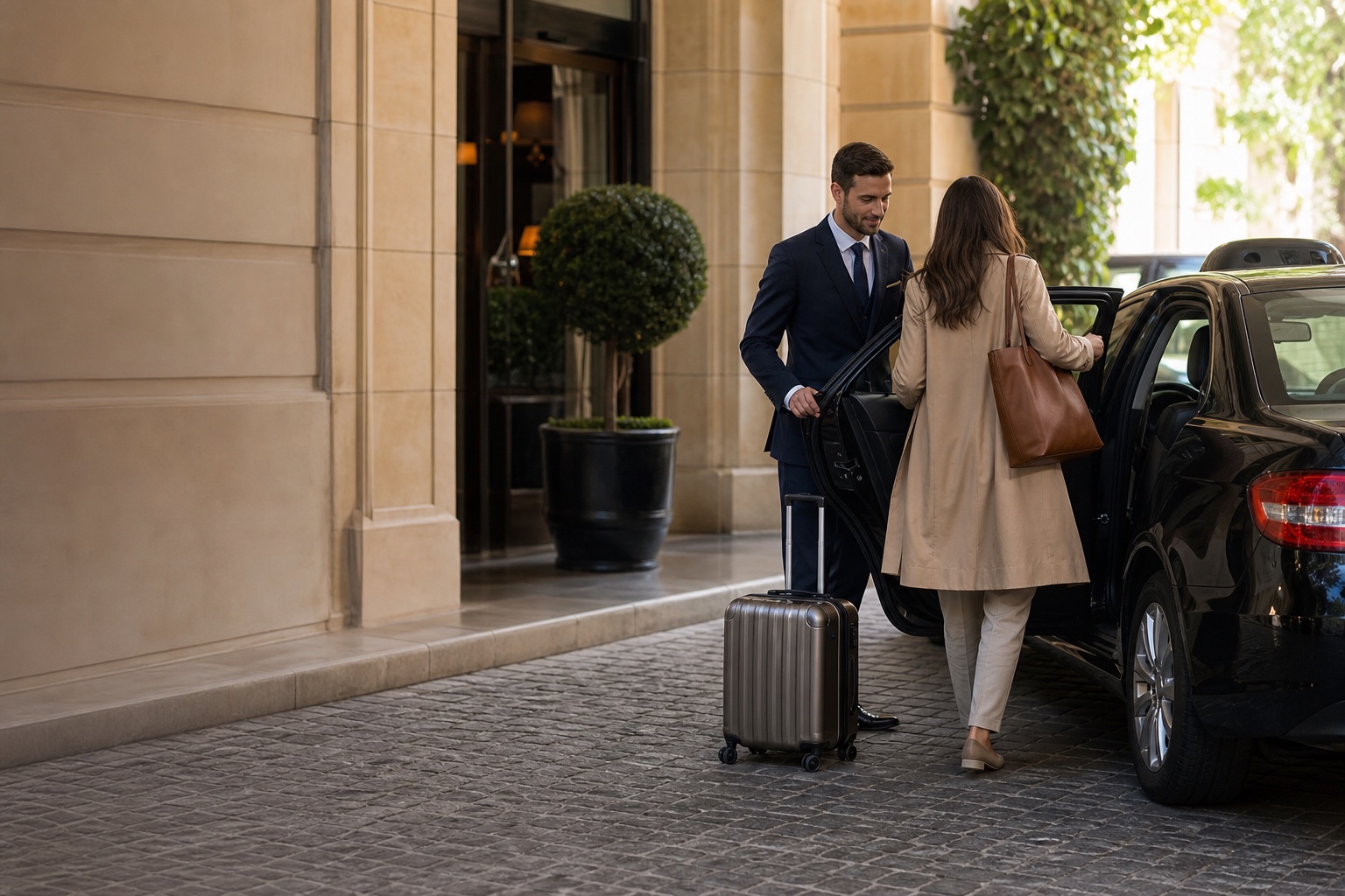 Client quittant l’hôtel pour monter dans un taxi