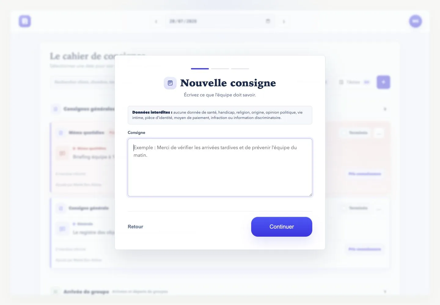 Vue réelle de la rédaction d'une nouvelle consigne dans LCDC