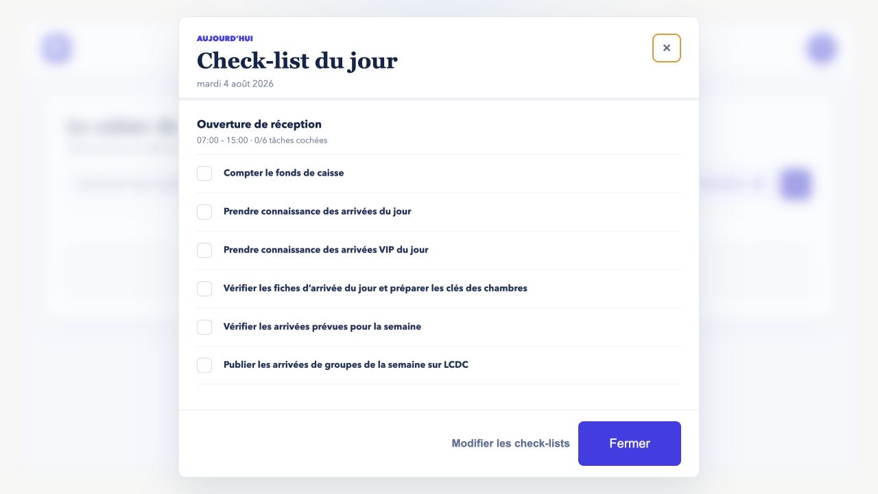 Vue réelle d’une check-list de réception dans LCDC