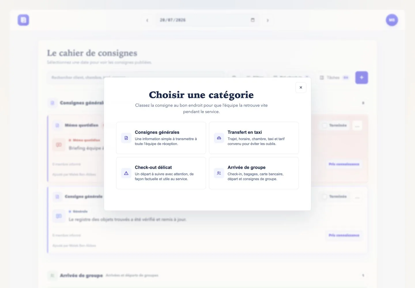 Fenêtre LCDC permettant de choisir entre les catégories consignes générales, transfert en taxi, check-out délicat et arrivée de groupe.