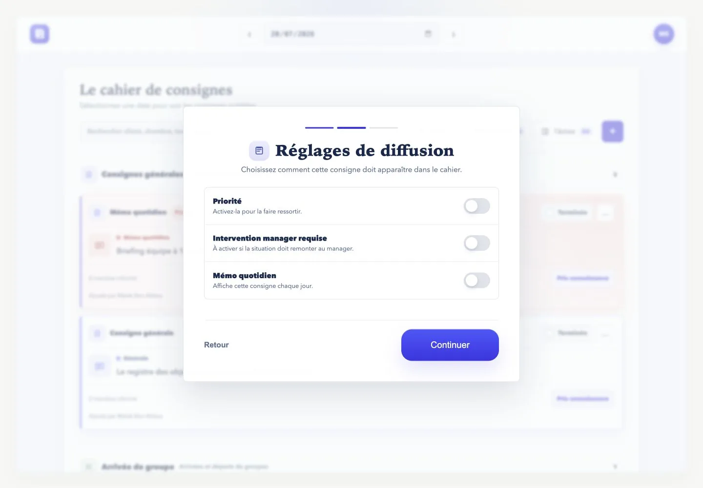 Réglages de diffusion d’une consigne LCDC avec les options priorité, intervention manager requise et mémo quotidien.