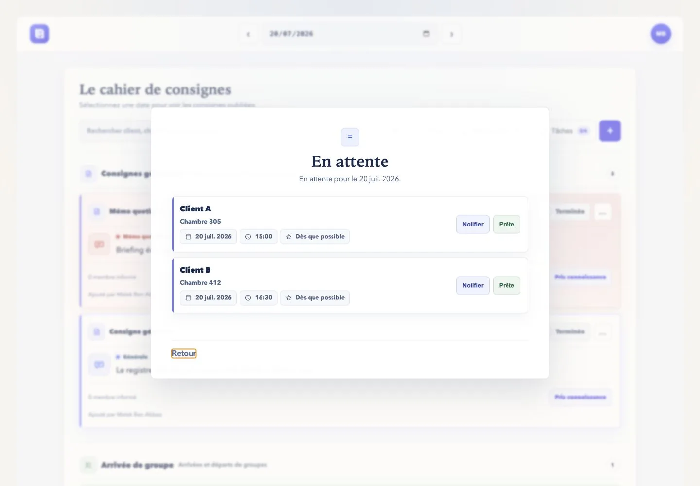 Liste pré-check-in LCDC présentant deux chambres en attente avec les actions notifier et prête.